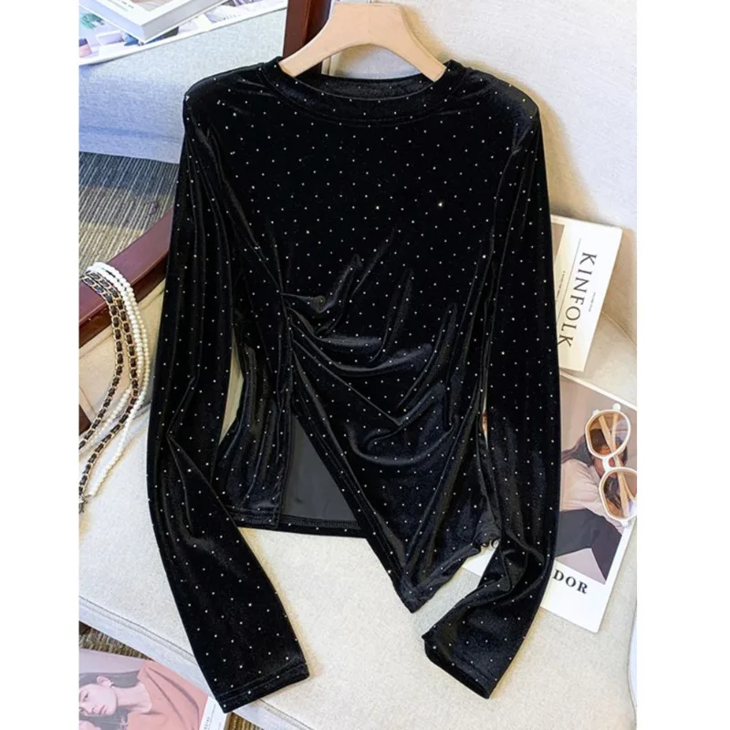 

Korean Style Velvet Long Sleeve T-shirt For Women Autumn Winter Irregular Slim Fit Polka Dot Aesthetic Tops Female Clothes Y2k