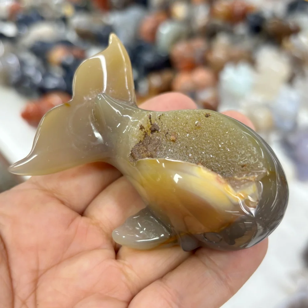 Natural Agate Geode Carved Whale Figurine With Druzy Crystal Gemstone Sea Animal Statue Reiki Healing Home Desktop Ornament