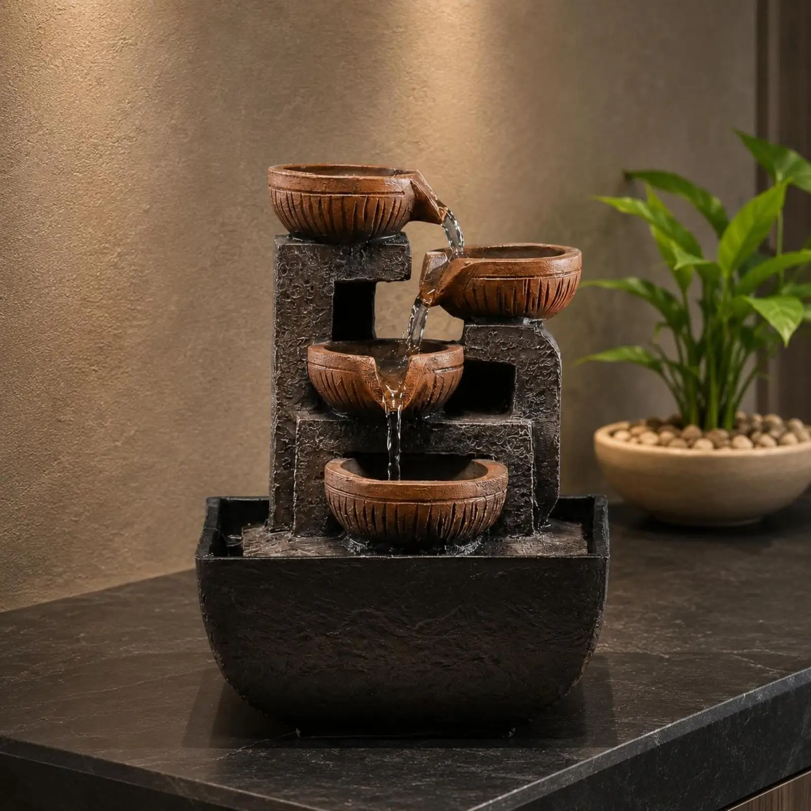 Chinese-Style Water Feature Ornament Cascading Tiered Water Feature USB Powered Table Decor for Tea Room, Office, Display Areas