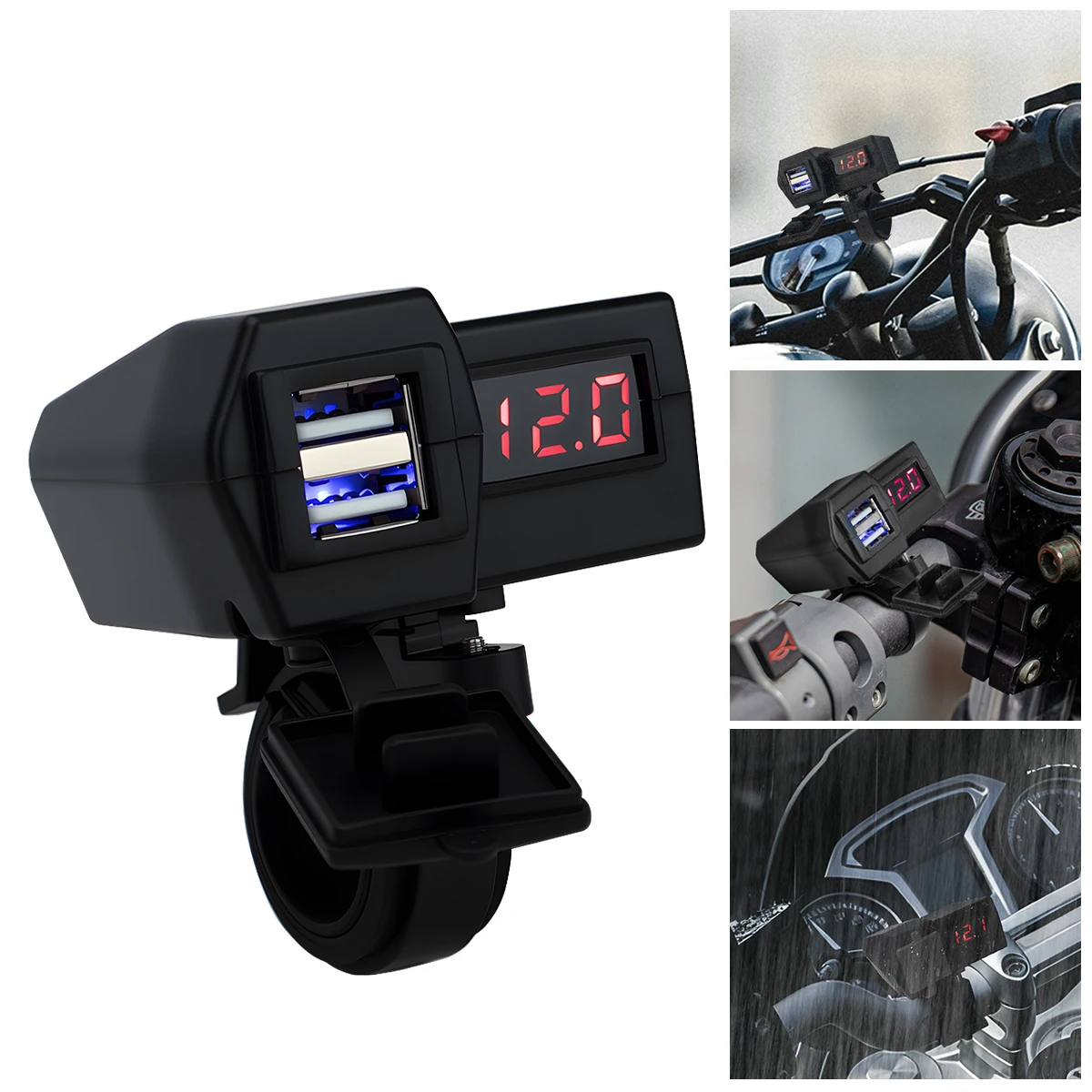 1pc Motorcycle USB Fast Charger Handle Style Dual USB Socket with Switch Voltmeter Waterproof Phone Power Supply Adapter Kit 12V