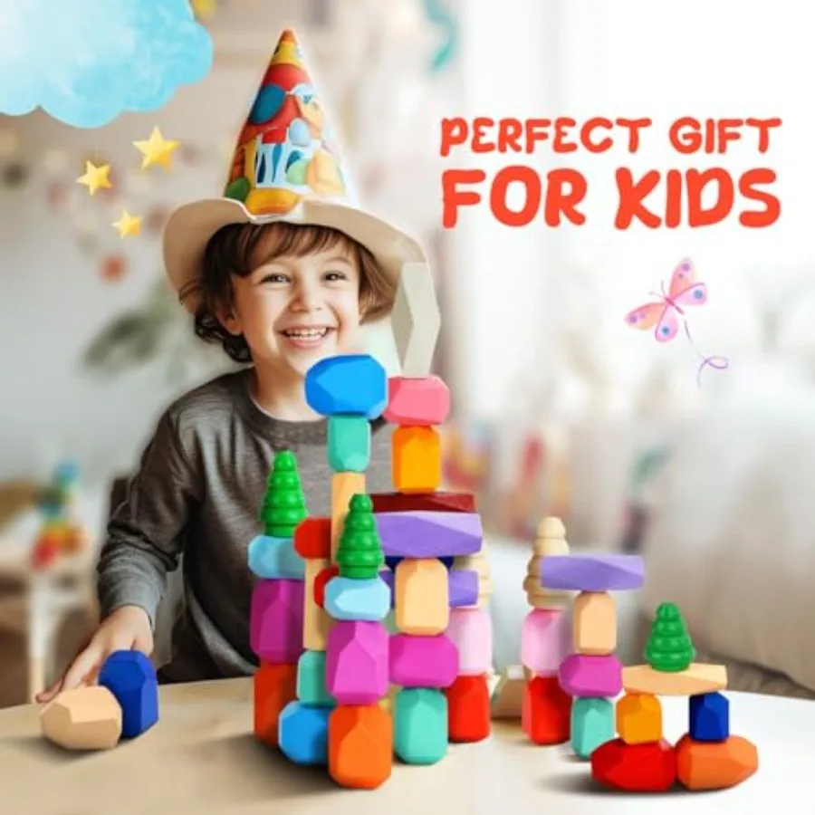 Wooden Stacking Rocks 40 Pcs Montessori Sensory Learning Toys for 39 Years Old Balance Building Blocks Educational STEM Toys fo