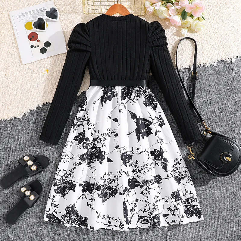 Girls Black Fashion Dress Spring Autumn Long Sleeve Dress Flowers Printed Princess Dresses for Children