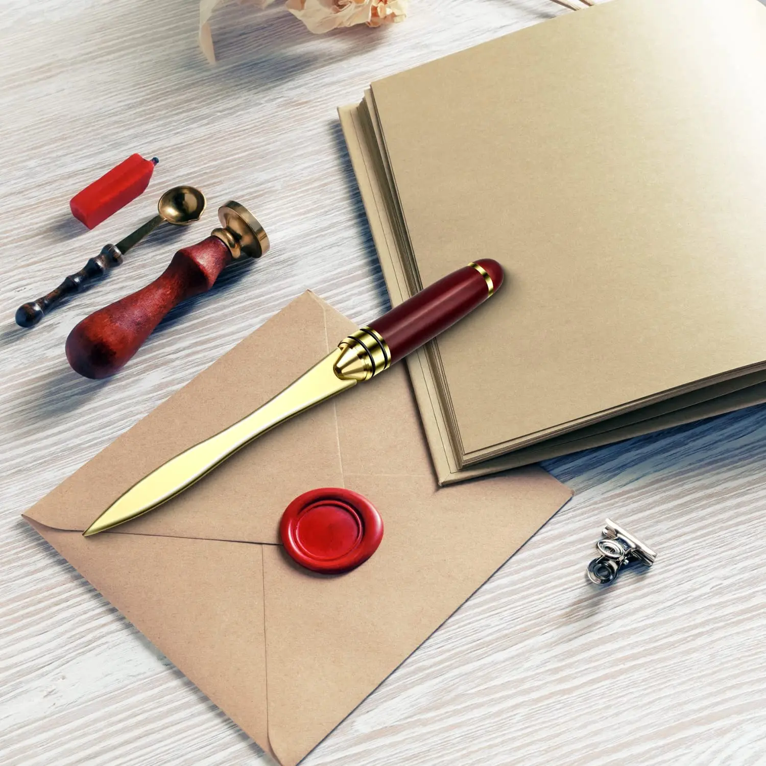 فتاحة رسائل، سكين تقطيع مغلف، فتاحة حروف معدنية مغلف، تغليف، قطع الورق، آمنة، ذهبي 21x1.5 سم