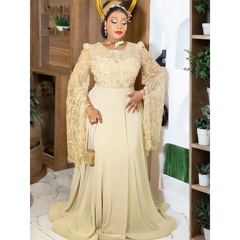 

Luxury Sequin Evening Dresses for Women 2025 New Plus Size Turkey Muslim Wedding Party Long Dress Dashiki Ankara Africa Clothing