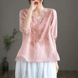 Summer New Fashion Vintage Loose Korean Pullovers V-Neck Embroidery Spliced Half Sleeve Women's Cotton and Linen T-shirt Tops