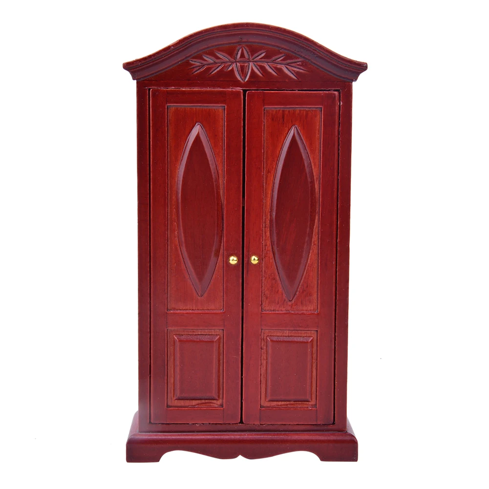 ZK40 1:12 Scale Mini Vintage Wooden Double Door Closet Wardrobe Dolls House Accessory Dollhouse Furniturewine red