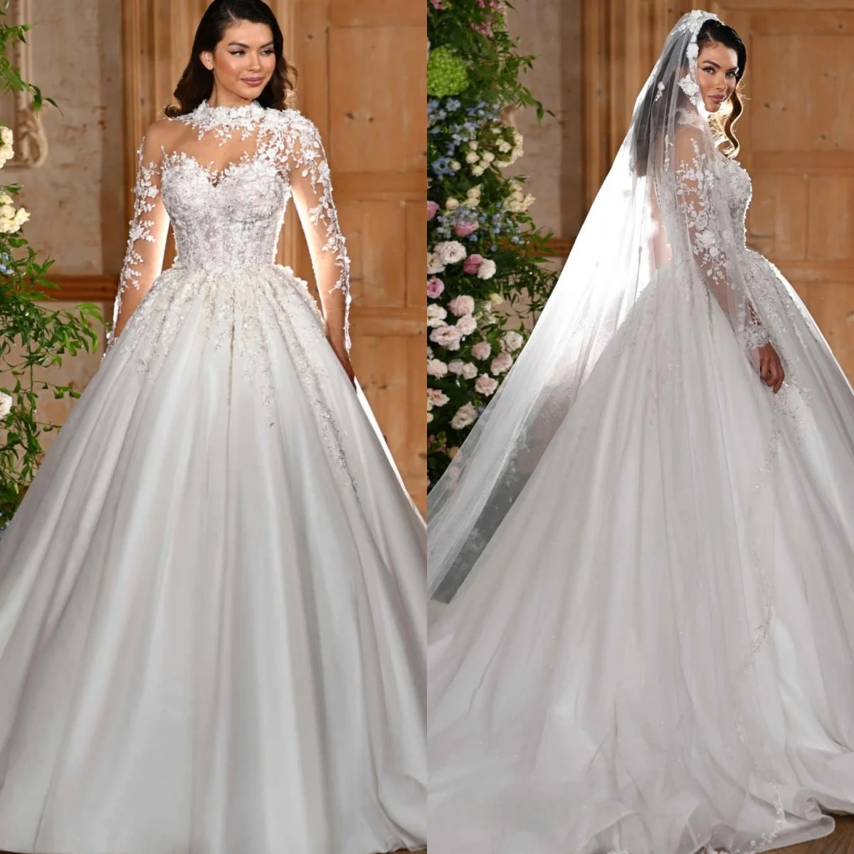 Vestido De Novia blanco personalizado con lentejuelas y cuello redondo, Vestido De Novia Formal De manga larga De lujo para fiesta De Novia, alta calidad