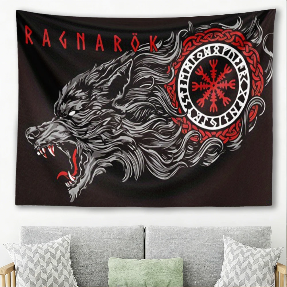 Ragnarok Fenrir Wolf Tapestry Viking Rune Symbol Wall Hanging Norse Mythology Bedroom Dorm Decor Gift