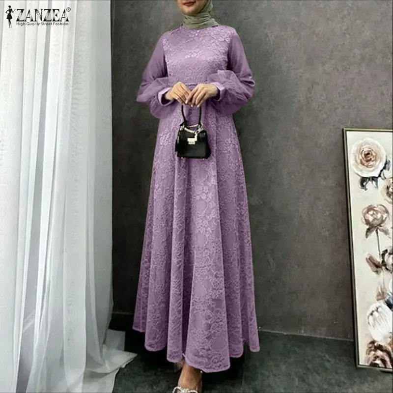 

Модное мусульманское платье-абайя ZANZEA 2026: весеннее, с кружевными вставками, элегантное, для вечеринок, с длинным рукавом, сетчатое, сарафан, для Рамадана