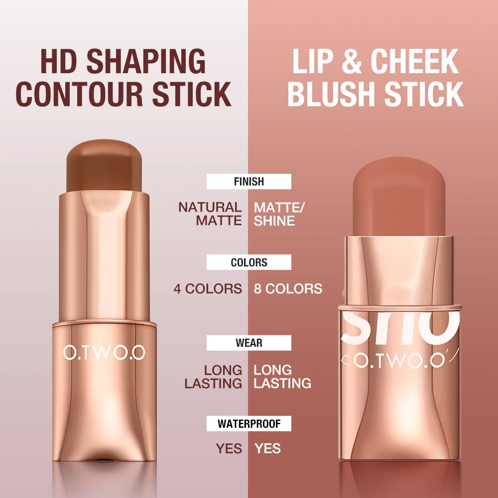 O.TWO.O Face Contour Blush Stick Corrector Contouring Waterproof Cheek Face Bronzer 3 In 1 Lipstick Blush Creamy Cosmetics