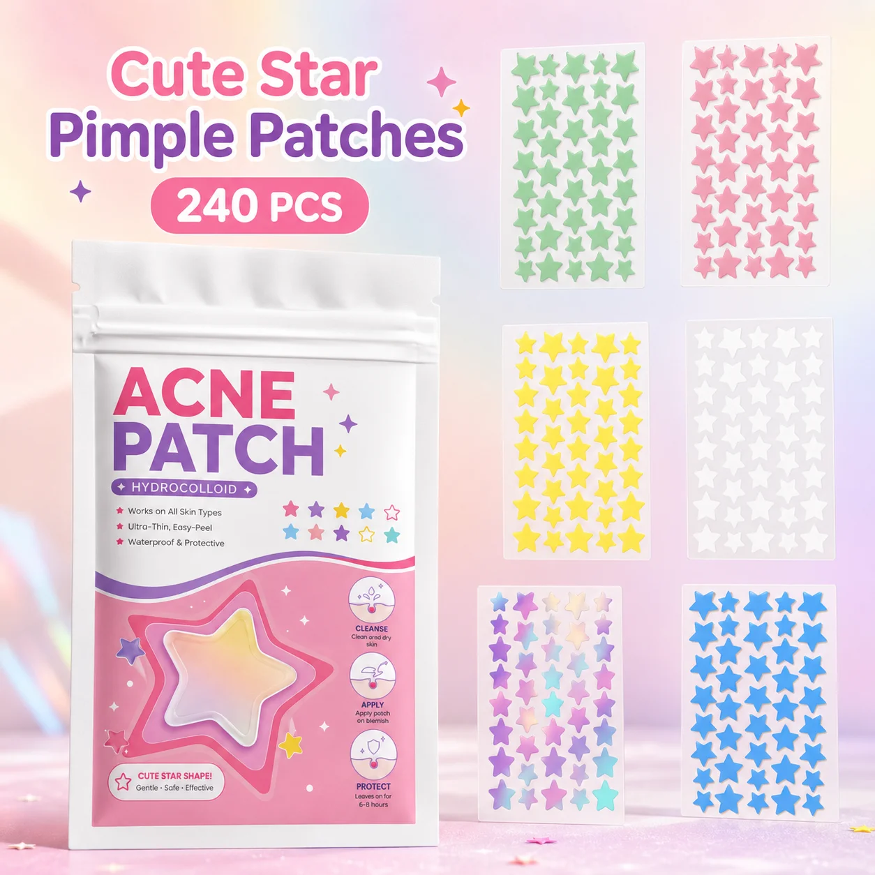 240PCS Colorful Star Acne Patches, Cute Hydrocolloid Face Stickers, Multiple Colors for Daily Wear, Selfies, Travel and Makeup