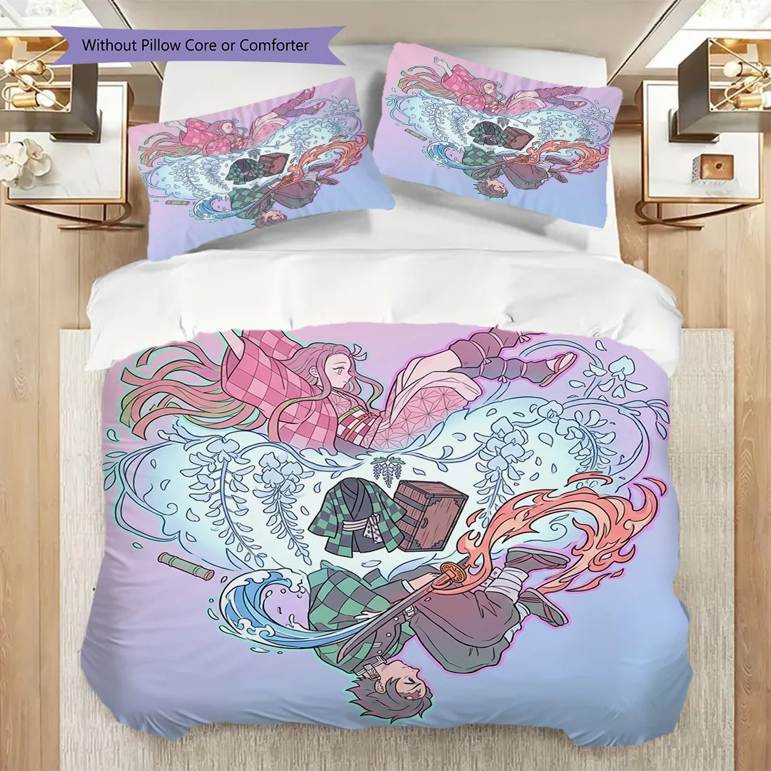 Printed Duvet Cover Set with Demon Slayer Pattern & Pillowcase Daily Bedroom Bedding Ornament-kwq323