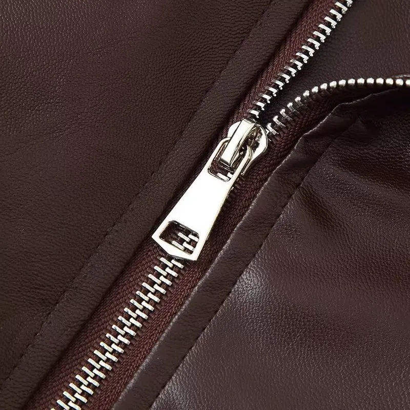 Faionable ort Leather Jaet المرأة الخريف جديد Sle مربوط فضفاض صالح تنوعا ملابس خارجية تخفيف Sle طويل Sve سستة