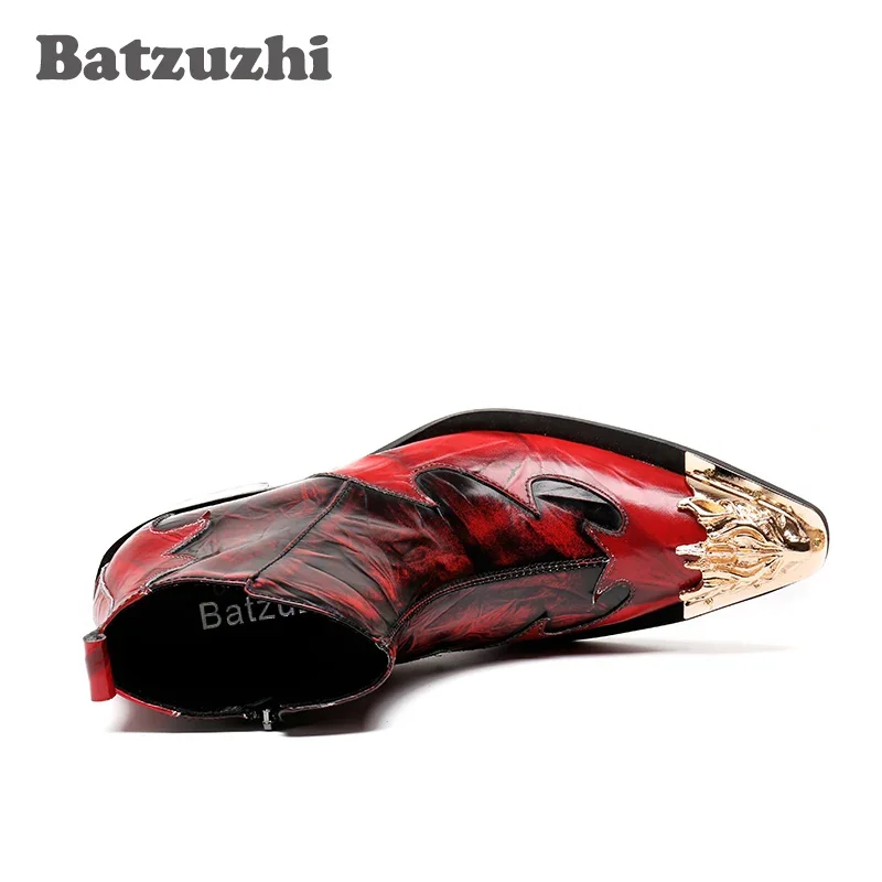 

Batzuzhi Red Genuine Leather Men Short Boots Italian Type Men Boots Golden Metal Toe Nightclub Stage Shoes 6cm High Heels