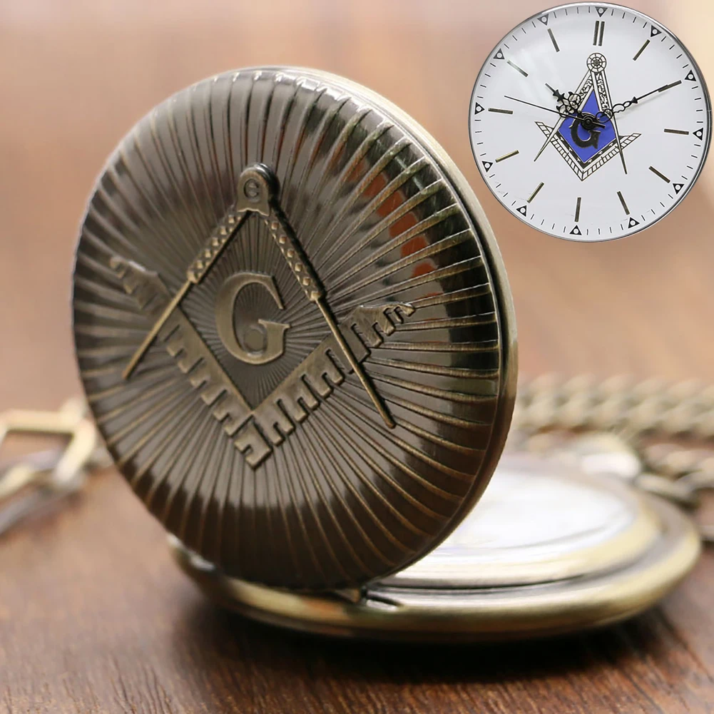 

Pendant Pocket Watch Bronze Gold Men Masonic Logo Quartz Pocket Clock Roman Numeral Dial Practical Souvenirs to Male Freemasonry