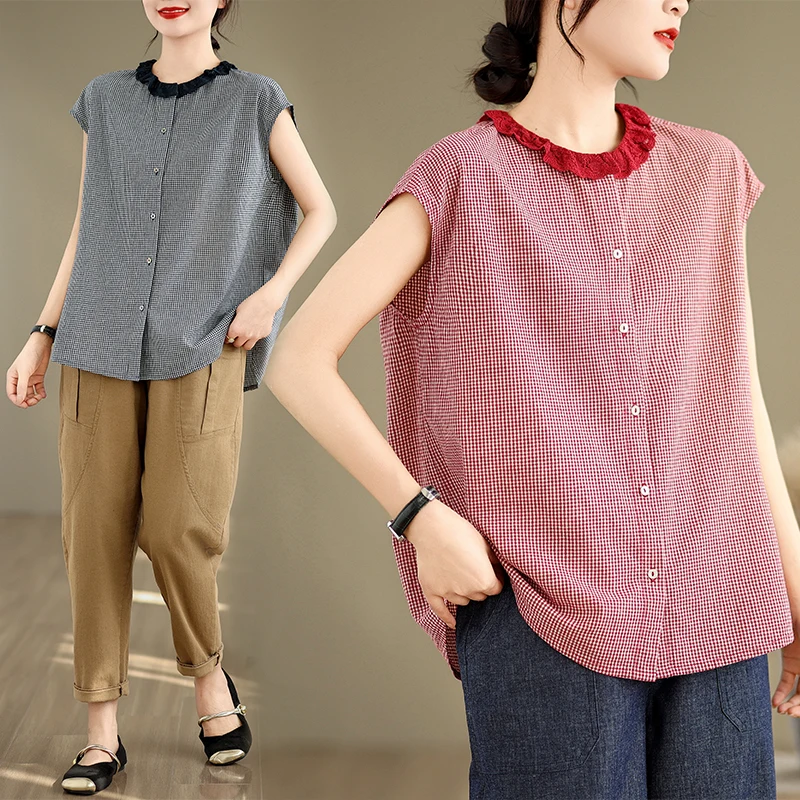 Original rétro dentelle col pur coton Plaid ample oulder couverture Sve irt femmes bouton nouveau Sle été Faion haut