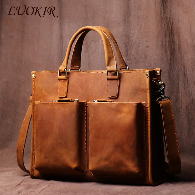 

LUOKIR Men's Genuine Leather Handbag Briefcase Vintage Shoulder Crossbody Bag Crazy Horse Leather Business 14 Inch Laptop Bags