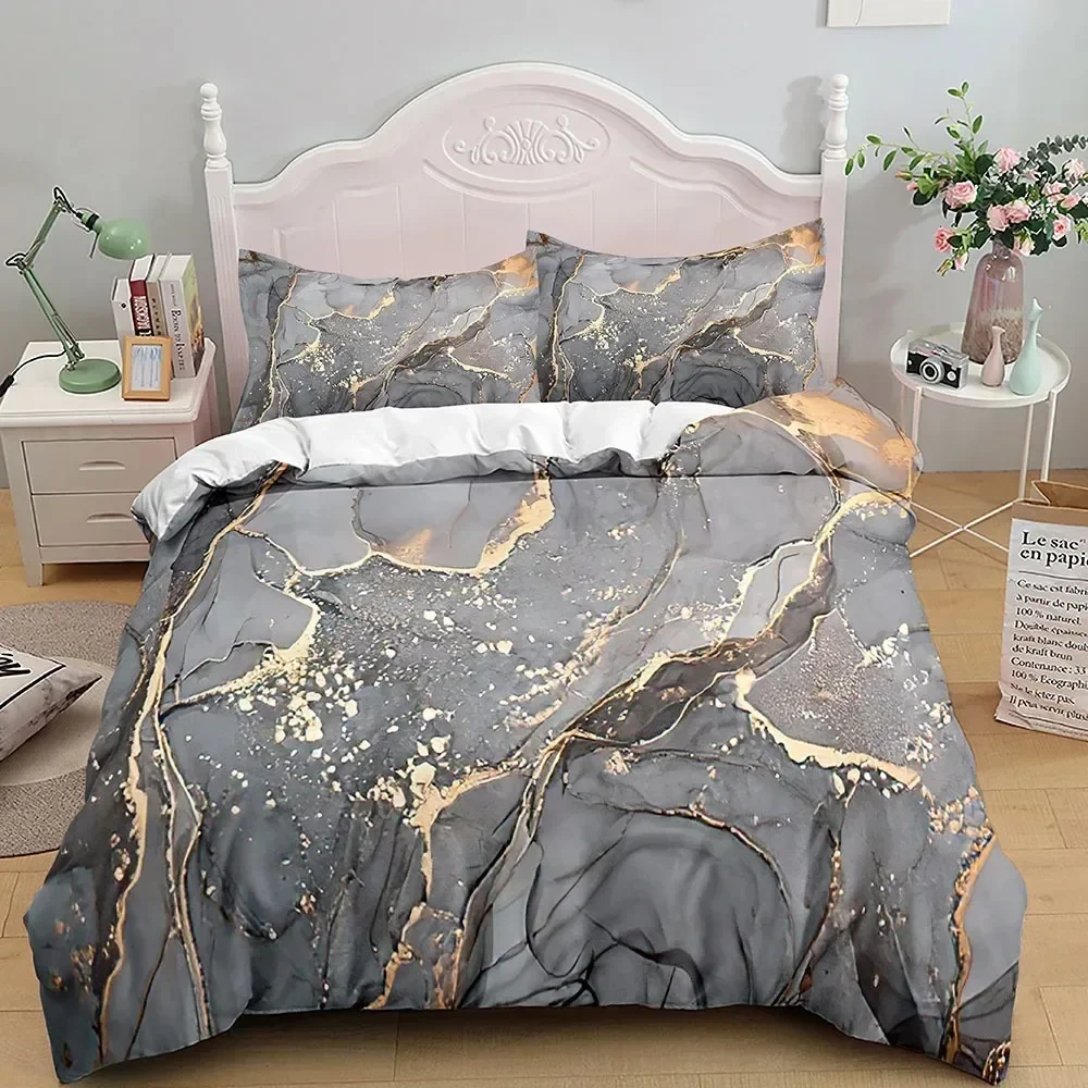 Marble Bedding Set KingQueen Size,Grey Gold Marble Duvet Cover Men Adults Modern Abstract Art Tie Dye Gothic Soft Quilt Cover
