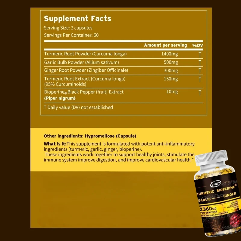 4-in-1 Turmeric Ginger Supplement - with Garlic Curcumin Black Pepper - Joints, Immune Support, Improves Digestion