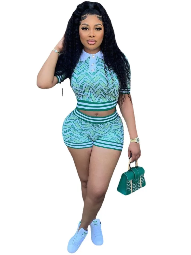 2 Pieces Set Sexy Dashiki African Fashion Women Set 2024 Female Tops Green Short Sleeve T-shirt And Elastic Waist Shorts Suit