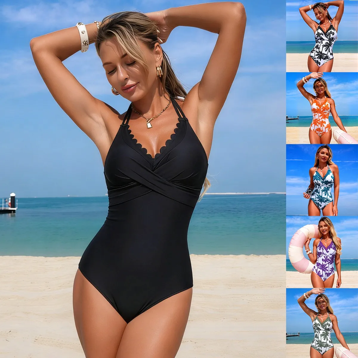 Swimwear Palm Print Bikinis Woman Outfits Halter Neck Swimsuit Scallop Trim  White With Green Palm Beachwear Women 2026 Wrap