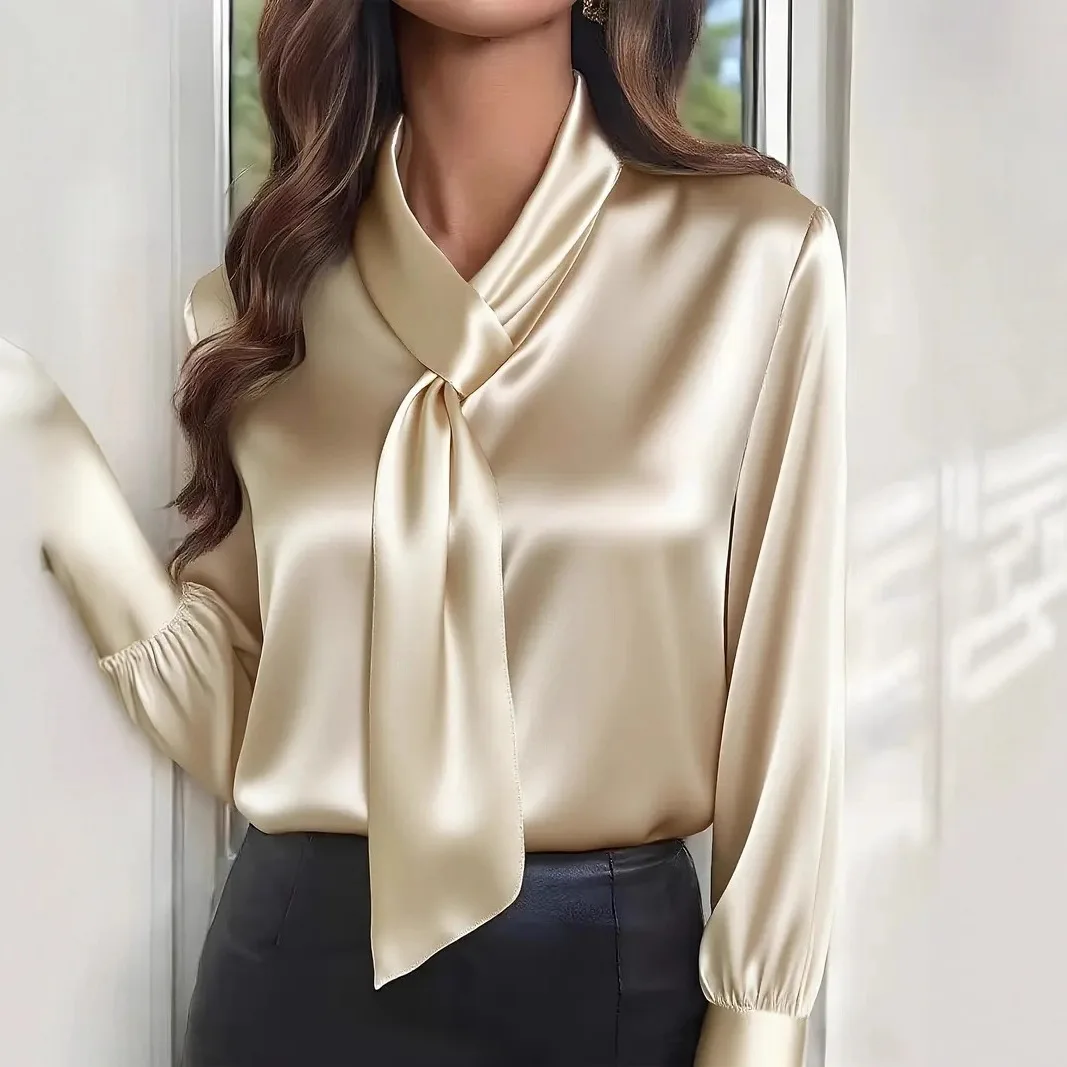 Women Elegant Autumn Commuter Top V‑Neck Tie Decor Design Solid Color Office Lady Shirt