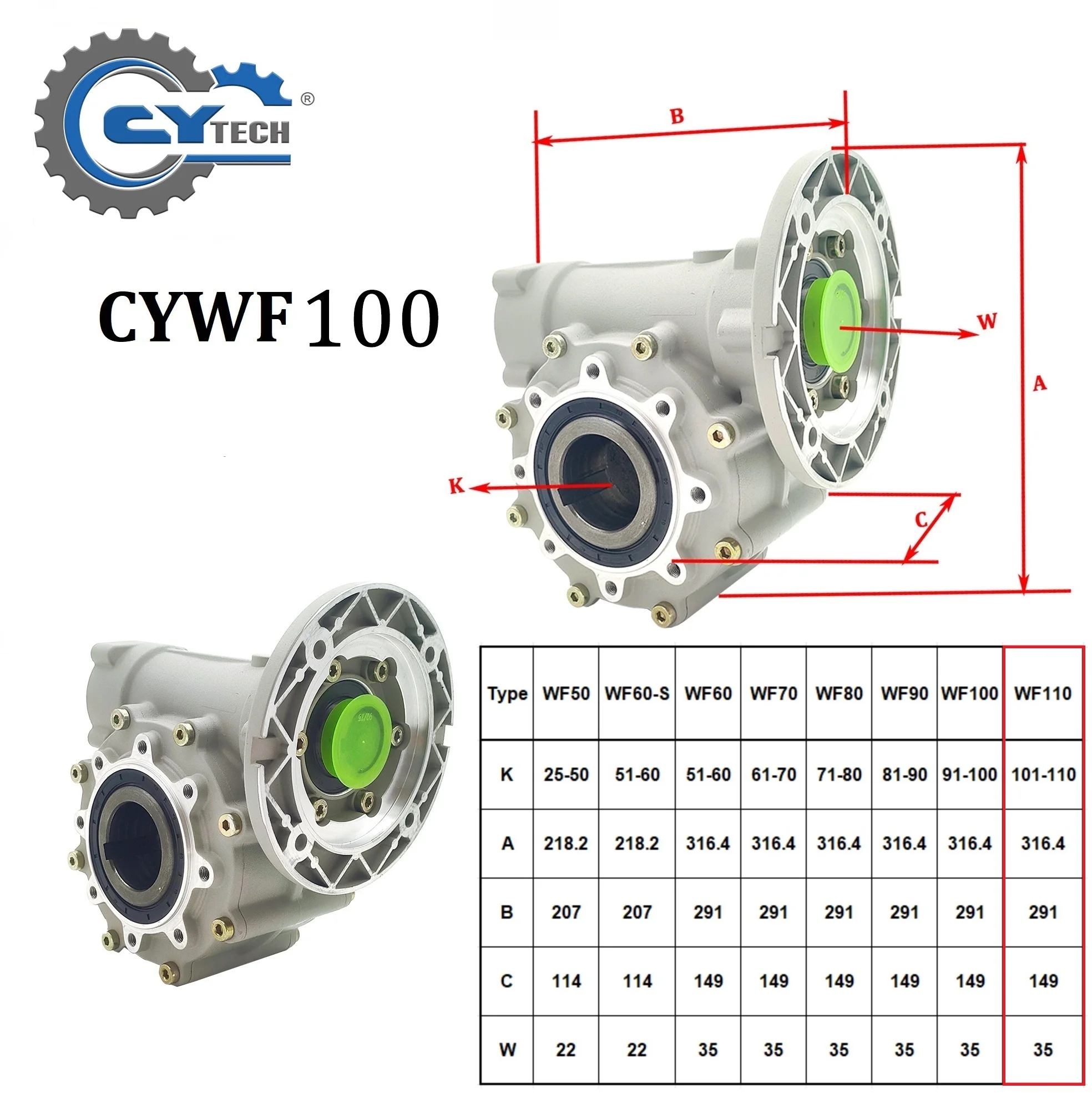 CHENYUE Worm Gearbox CYWF100 Gear reducer Input 19/24/28/38mm Output 110mm Ratio 7.5:1-100:1 Free Maintenance