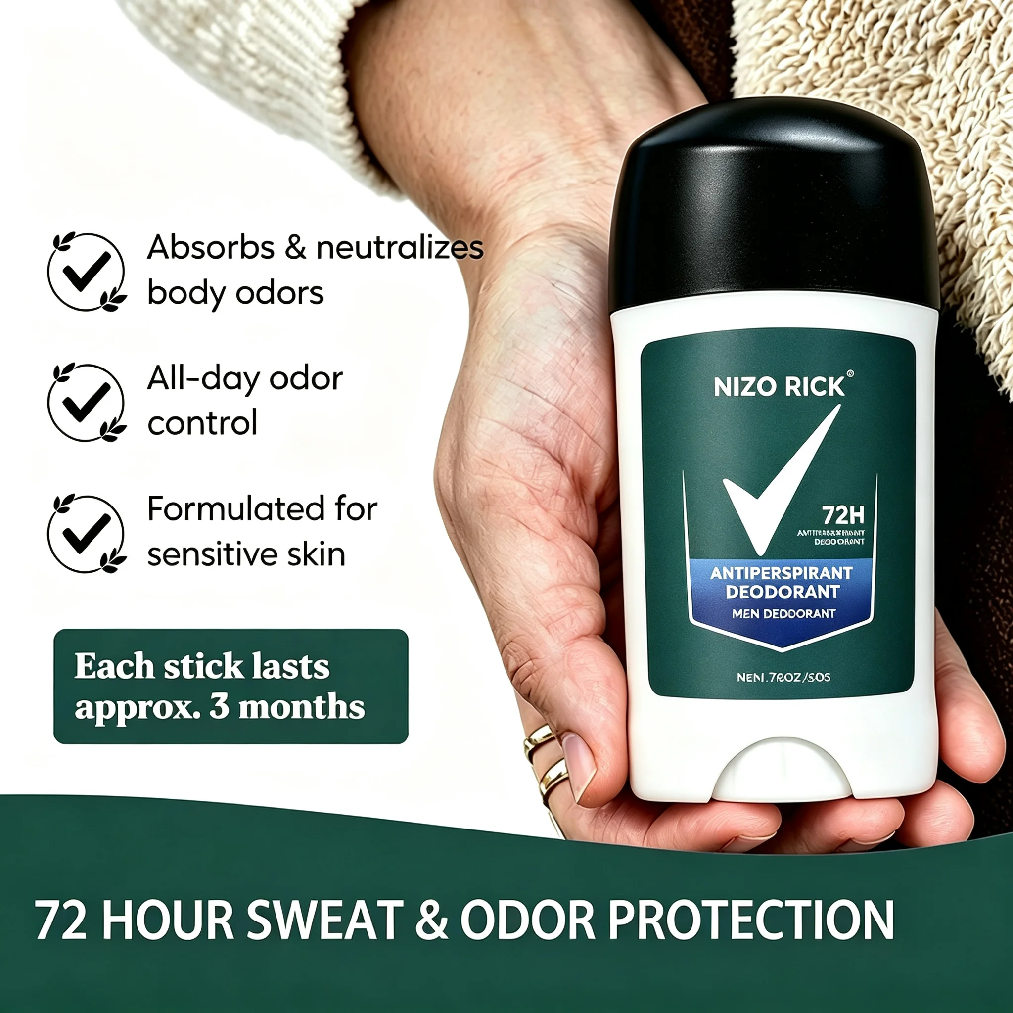 Men Antiperspirant Deodorant Stick, 72H Protection, Sport Fragrance, Solid Underarm Deodorant