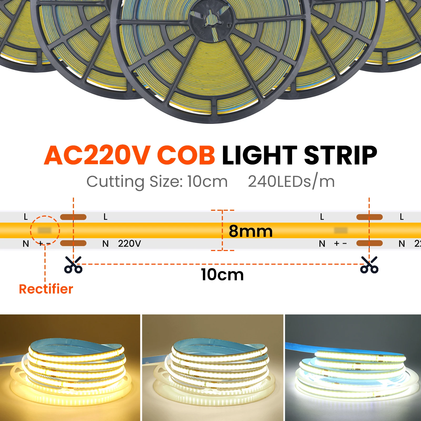 220V 5m 10m 15m 20m 50m COB LED Strip High Density 8mm PCB 240LEDs/m White/Warm White Cuttable and Flexible Ribbon Rope Light