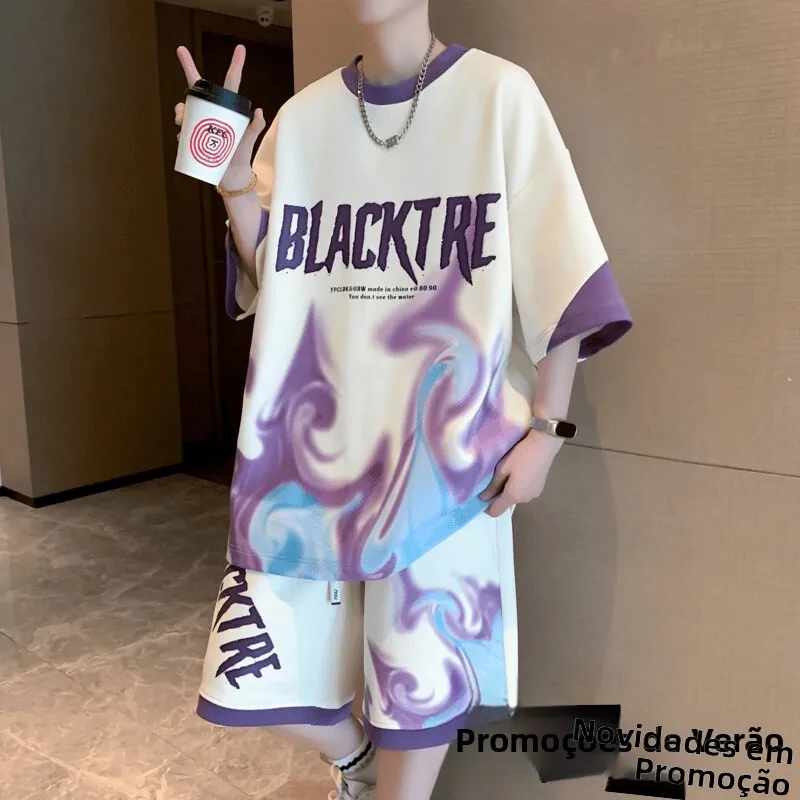 Conjunto de Roupas Casuais de Verão para Homens, Camiseta de Manga Curta Estampada e Shorts, Moda Jovem, Marca de Fibra de Po...