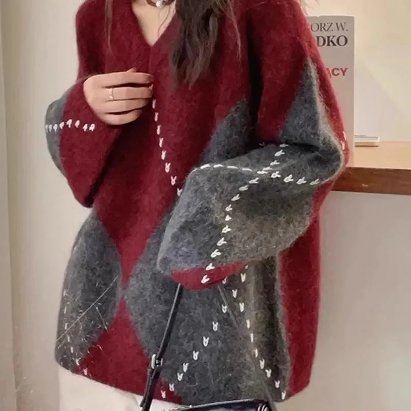 Soft Waxy Color Contrast Diamond Check Woolen Sweater Autumn Winter Women's Pullover Sweater Coat Loose Soft Top Female Knitwear