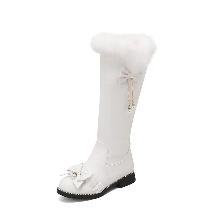 Winter Rabbit Fur Flat Fleece Lined Knee-High Long Boots Big Bow Decor Sweet Lolita Shoes for Girls Daily Cosplay Footw