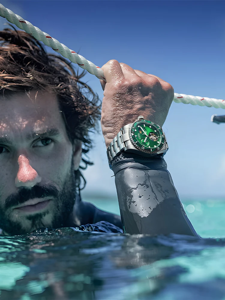 BONEST GATTI 남자 자동 시계 42mm 기계식 손목 시계 사파이어 빛나는 탄소 섬유 베젤 24 시간 주야간 다이얼