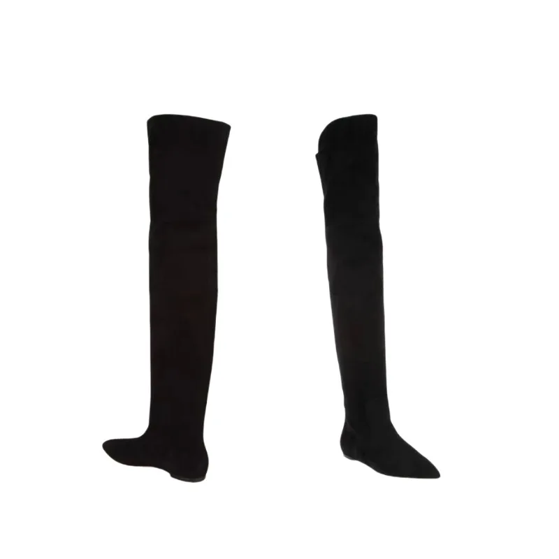 Black Suede Flat Over The Knee Boots Plus Size 43 Pointed Toe Stretch Fabric Tight High Boots Customized