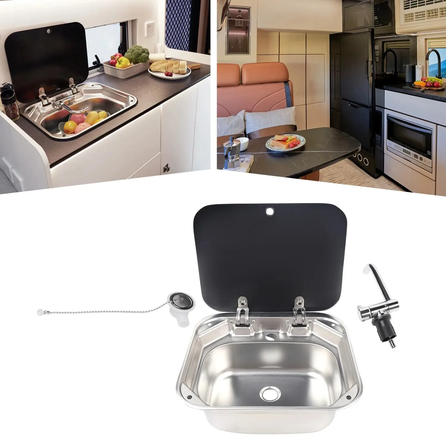 Small RV Sink with Folding Faucet and Lid, Drop in Sink Single Bowl for Bar Caravan Van RV Camper Motor Home Sink with Cover