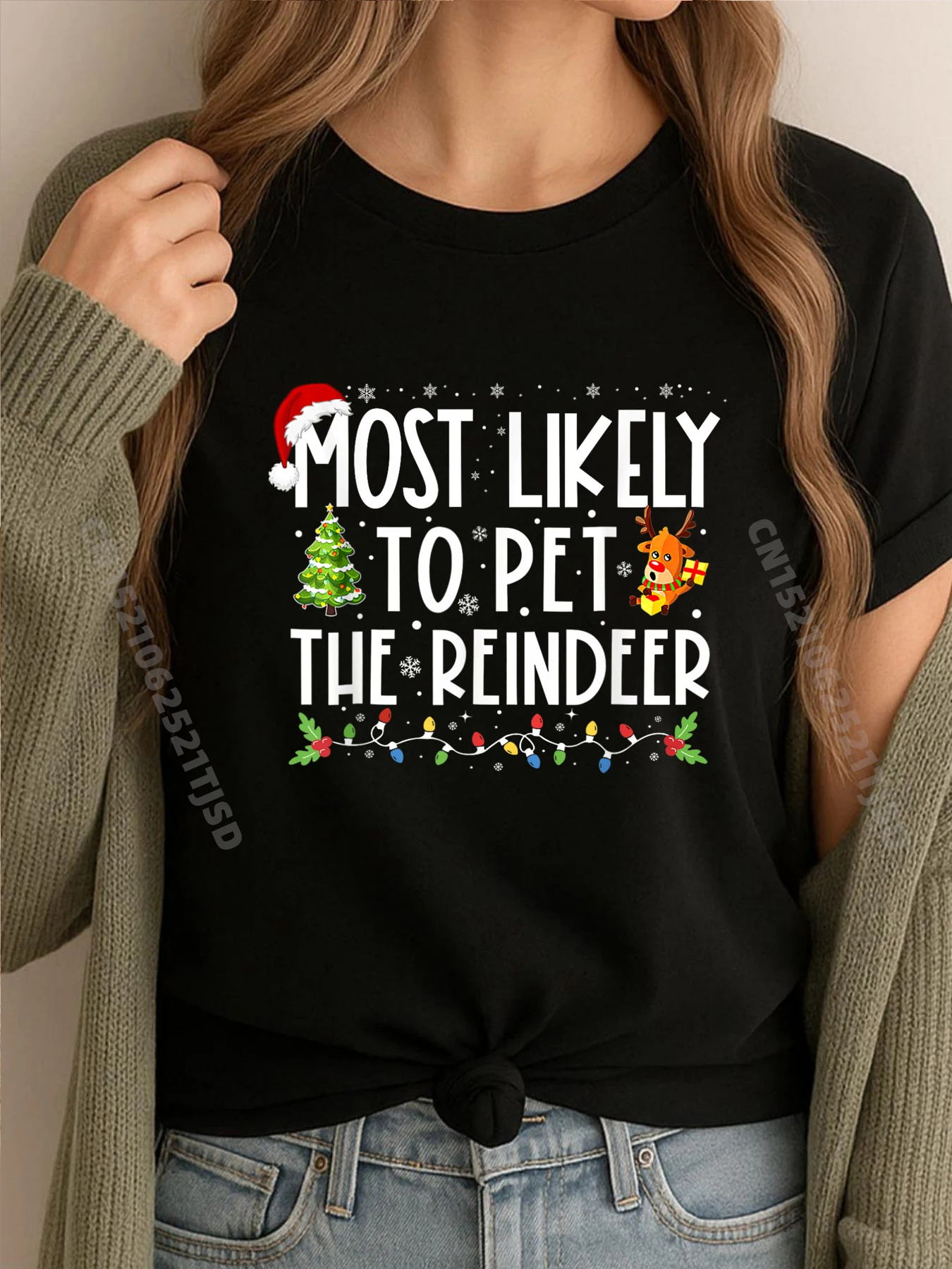 

Самые Likely To Pet The Reindeer, одинаковые рождественские черные футболки с рисунком, женские хлопковые футболки, топы, футболка с иллюстрацией