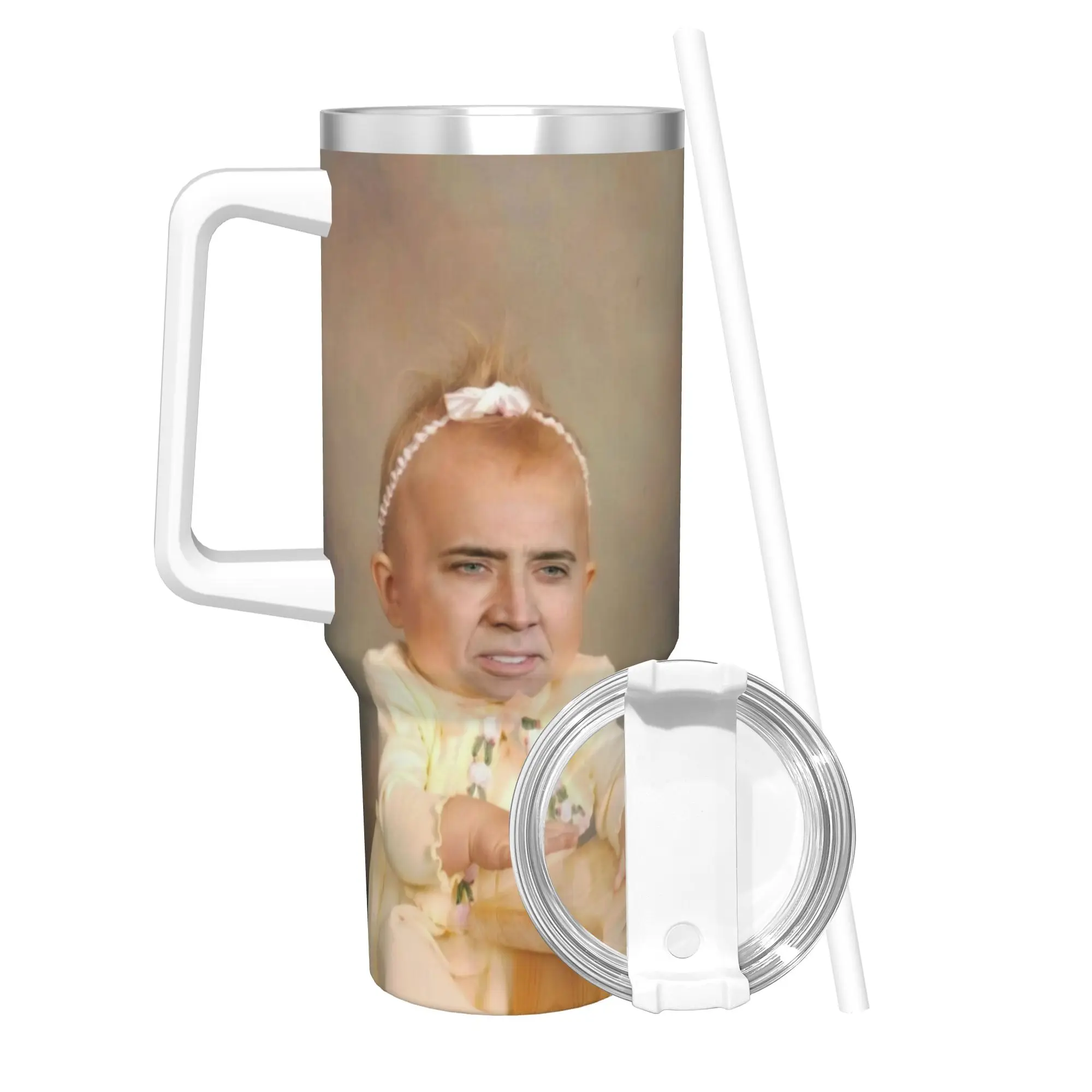 Nicolas Cage Tumbler With Straw  Stainless Steel Tumblers Cup Double Wall Vacuum Insulated for Cold Or Hot 40oz