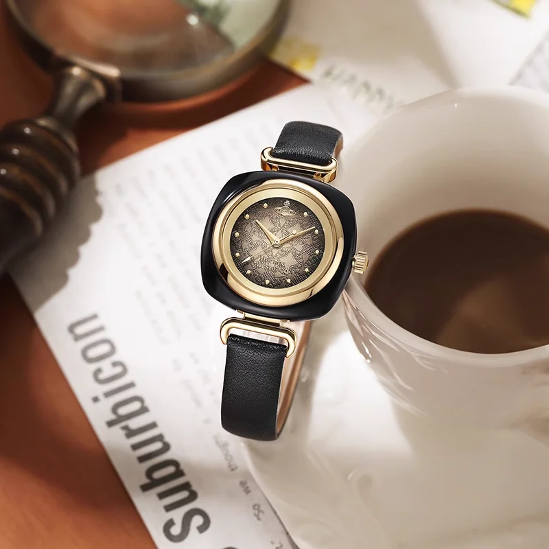 ヴィヴィアン ウエストウッド エレガント レジン スクエア ケース ブラック レザー ストラップ レディース ウォッチ