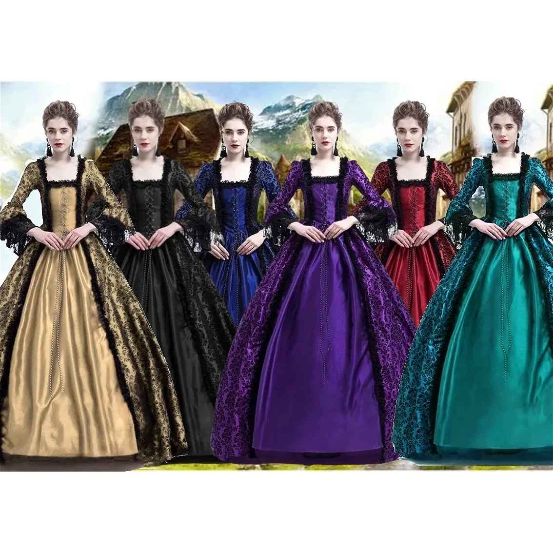 Vestido flocado Medieval para mujer, disfraz de corte victoriano, disfraz de princesa renacentista rococó, traje de actuación de Halloween