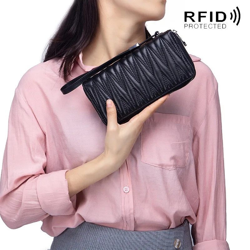 Genuine Leather RFID Long Wallet Phone Bag Sheepskin Coin Purse Key Lipstick Case Pouch ID Card Holder Women Clutch Handbag