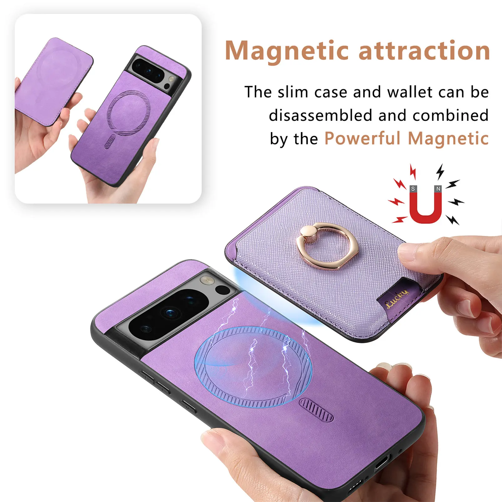 2 in 1 Detachable Cards Bag Wallet Leather Case For Google Pixel 9 Pro 8 8A 7 7A Magnetic Ring Holder Purse Bag Stand Cover