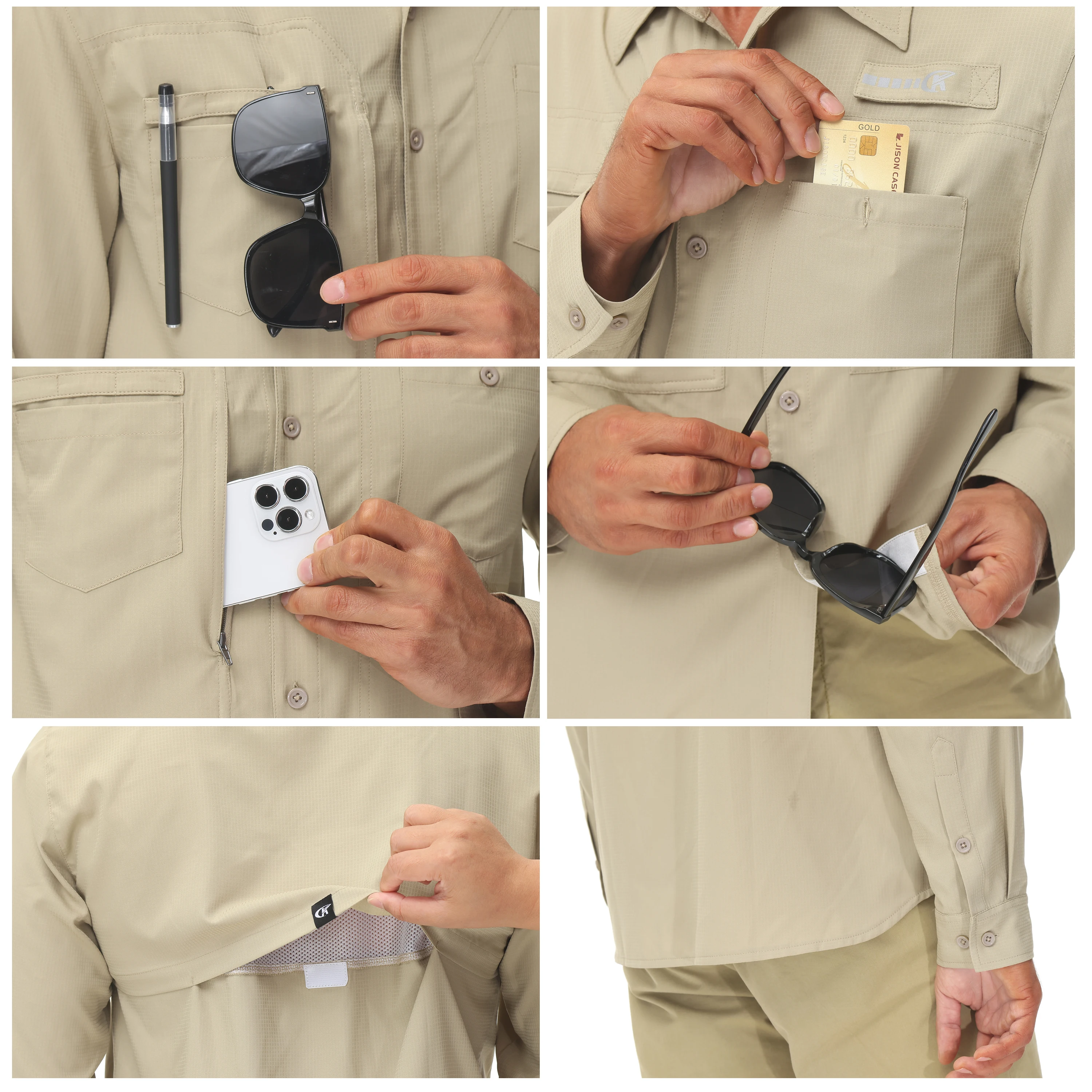Langarm-Angelhemden für Herren, UPF 50+, Sonnenschutz, atmungsaktiv, leicht, für Reisen, Arbeit, Button-Down-Hemd mit Reißverschlusstasche – Detail 7