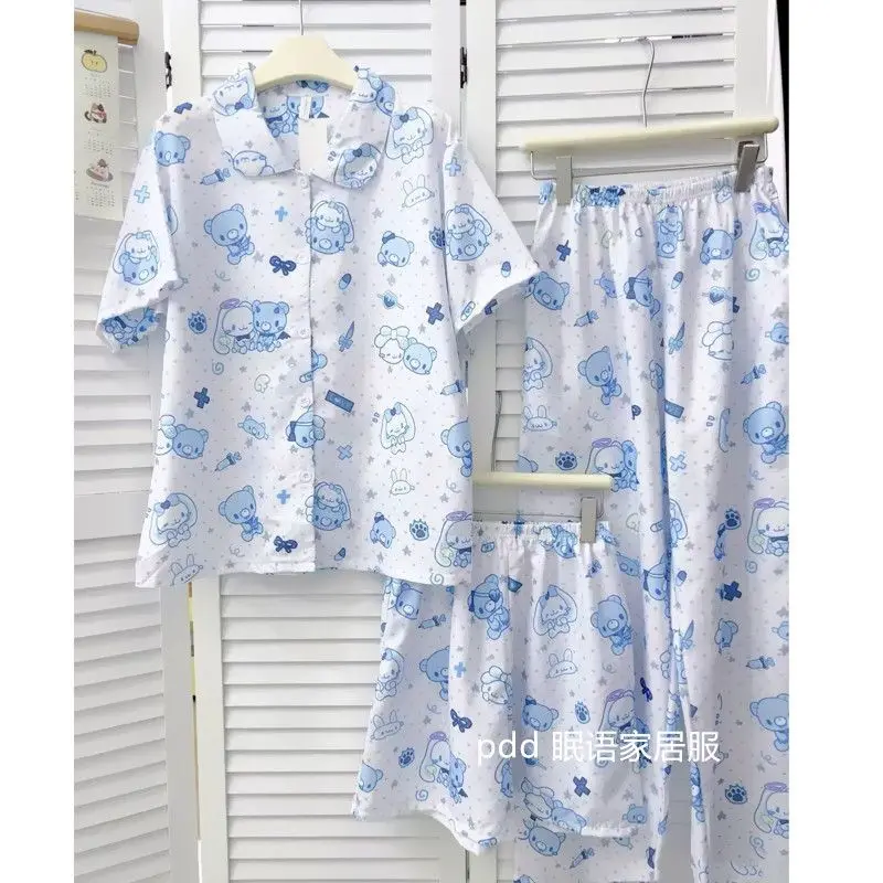 Japanese-Style 3Pcs Women Gloomy Bear Pajamas Summer New Cartoon Y2K Leisure Sweet Girl Short Sleeve Shorts Pants Home Suit Set