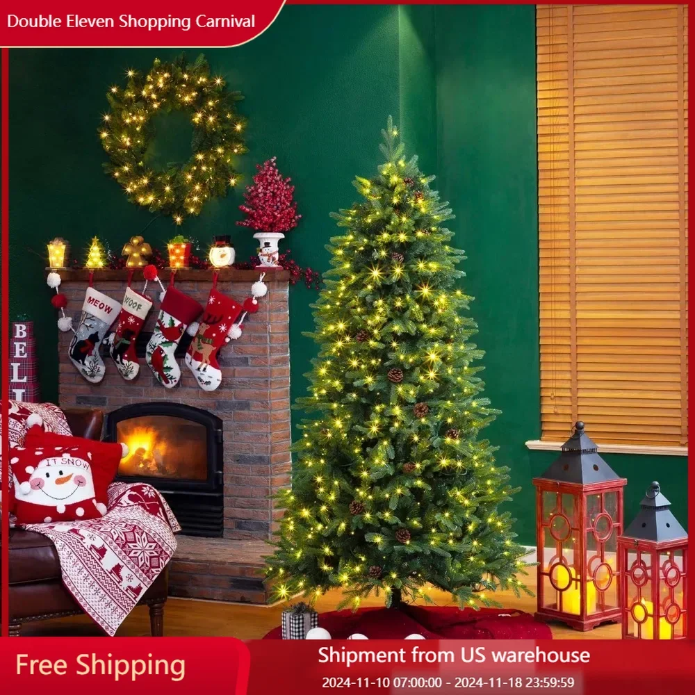 Christmas Tree 7ft Pre-Lit Green Fir Artificial with 500 LED Lights, 9 Light Modes, Warm White/Multi-Color, Christmas Tree