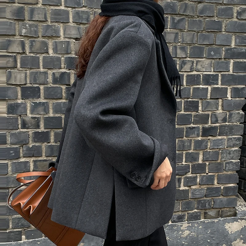  de Lã Cinza Carvão E Outono Inverno Vintage Sensação de Alta Qualidade Corte Solto com Um Botão Casaco Versátil...