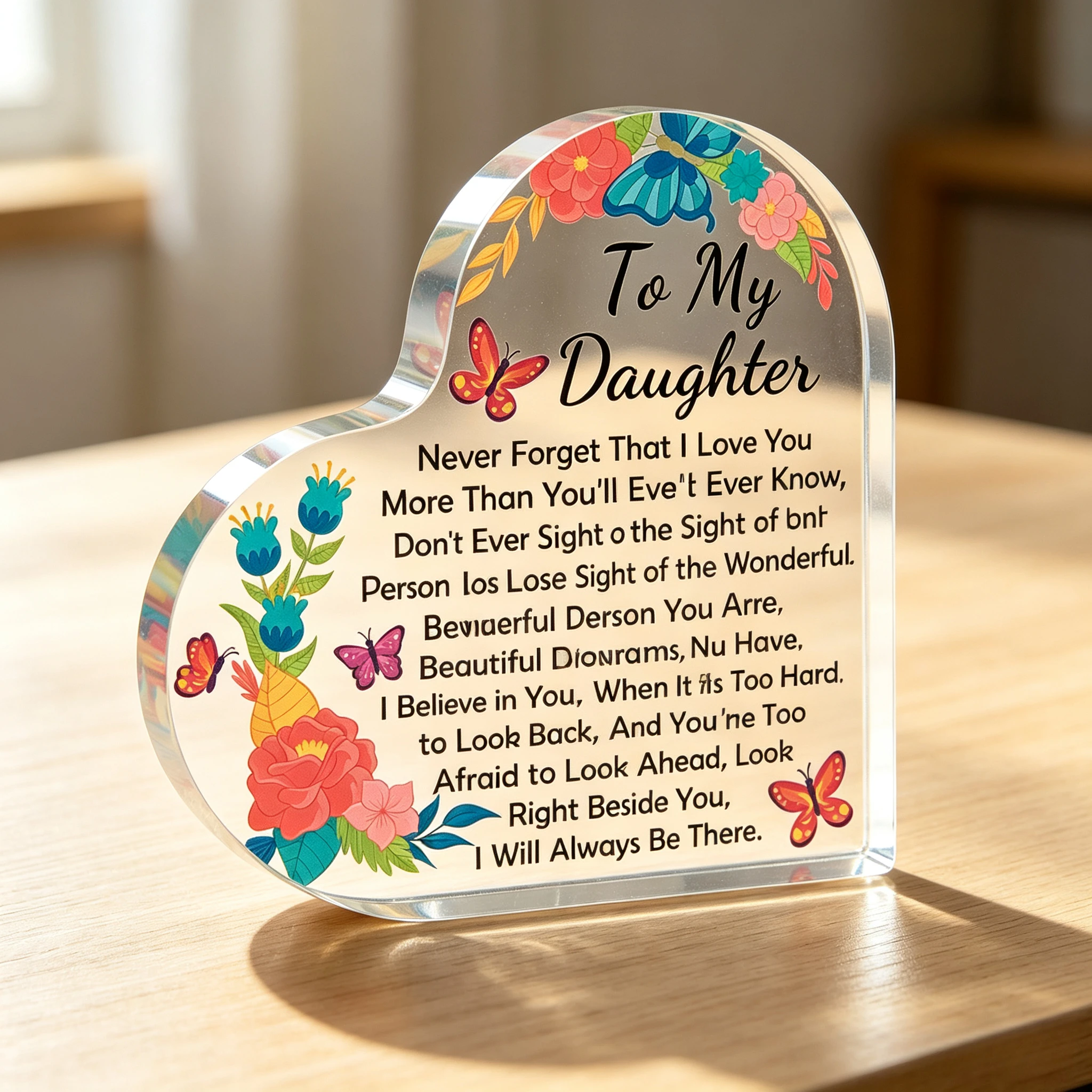 Vibrant Blossom & Butterflies Heart Acrylic Keepsake Plaque, Loving Sentimental Table Ornament