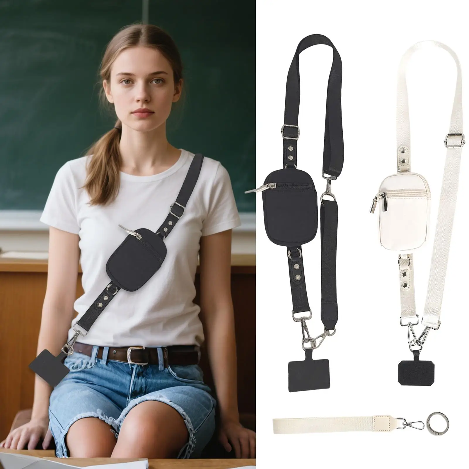 حبل الهاتف مع حقيبة المحفظة، حزام الهاتف الخليوي مع حقيبة بسحاب، سلسلة أمان للرقبة قابلة للتعديل مع علامة تبويب للمناسبات المدرسية