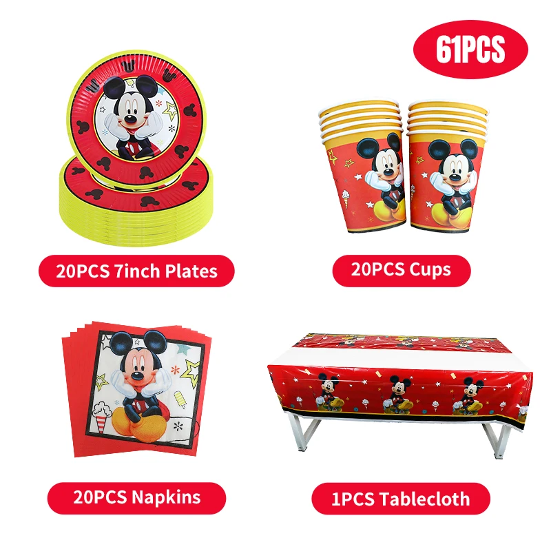 Disney Mickey Mouse Birthday Party Decoration Tableware Supplies Paper Cups Plates Tablecloth Backdrop Number Balloons For Kids