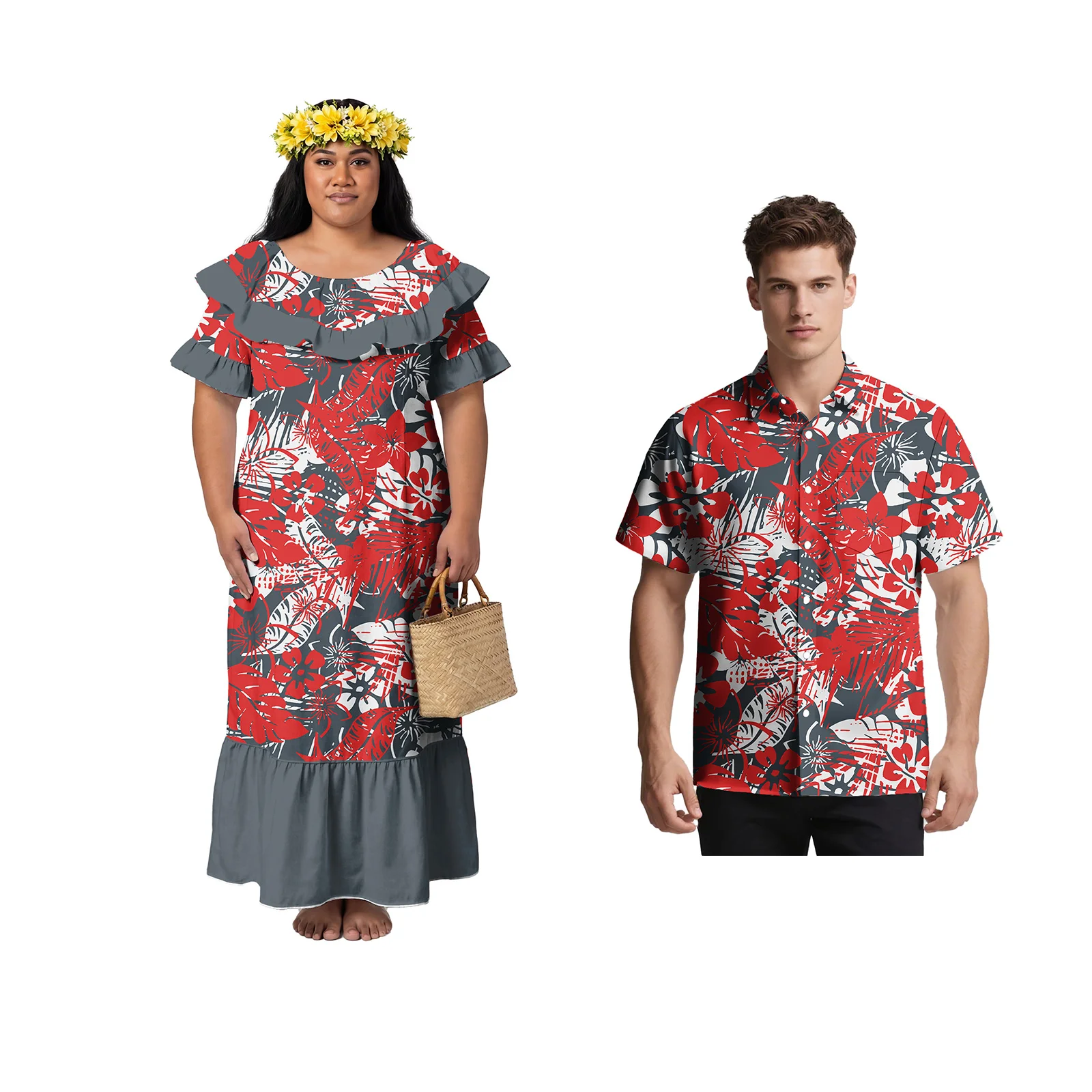 

Couple of Set Custom Samoan Short Sleeve Men Shirts Plus Size Women Ruffles Collar Aloah Dress Polynesian Couple Match Outfits
