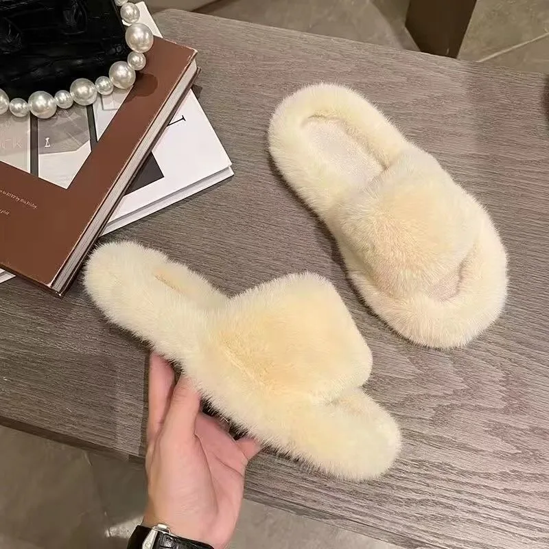 شباشب مجعدة لخريف وشتاء 2025 للنساء على الطراز الكوري على الطراز الكوري للخروج بكعب منخفض مفتوح من الأمام شباشب فروي بسيطة #2